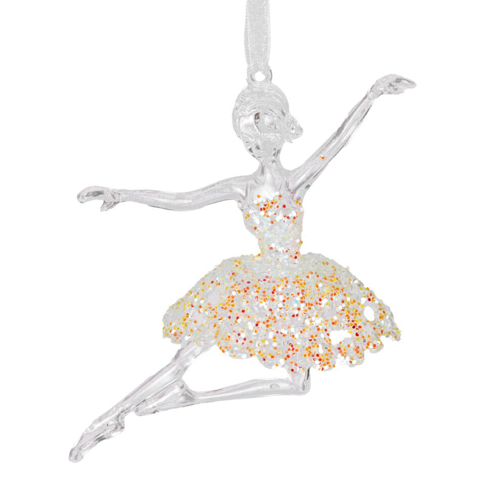 Yılbaşı Süsü, Balerin, Şeffaf-Gold - Asmalı, Akrilik Cam, Payetli Etekli, 12x10 cm