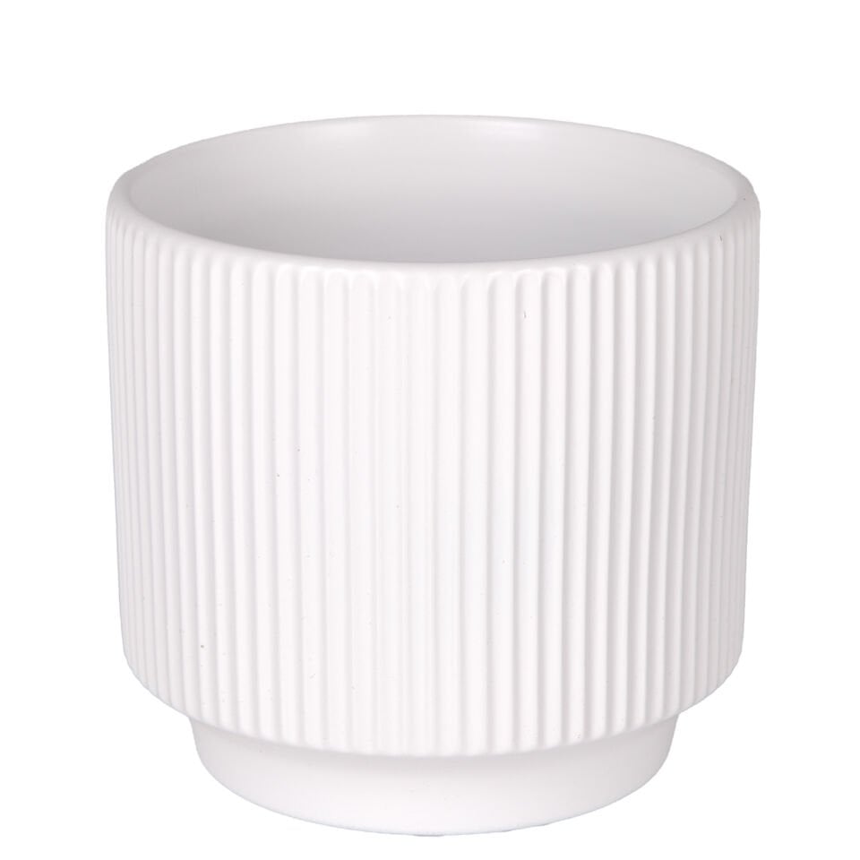 Seramik Saksı, Dikey Kabartma Çizgili, Beyaz - 12,5x12 cm