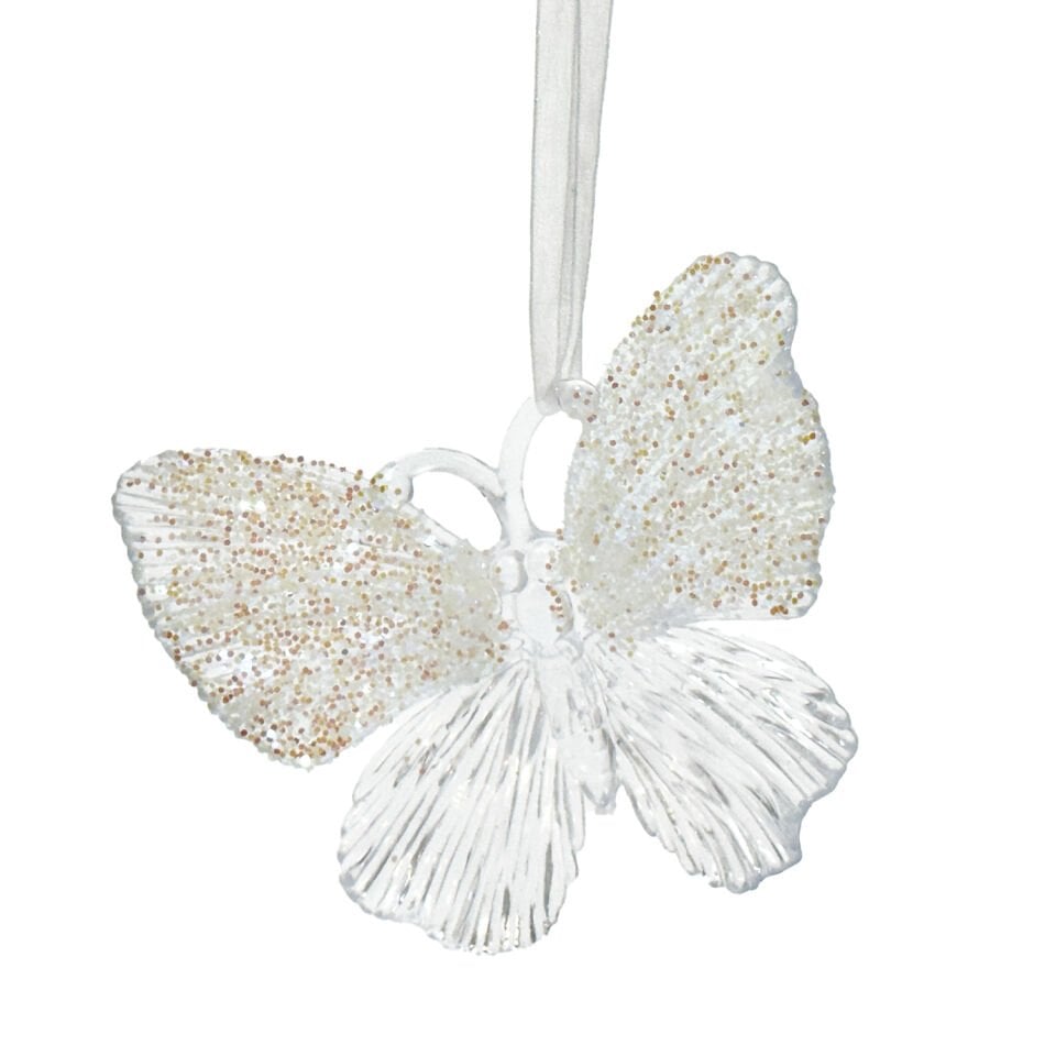 Yılbaşı Süsü, Kelebek, Şeffaf-Gold - Asmalı, Akrilik Cam, Simli Kanatlı, 11x10 cm