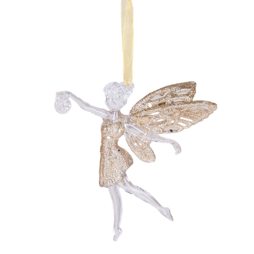 Yılbaşı Süsü, Melek, Şeffaf-Şampanya - Asmalı, Akrilik Cam, Simli Kanatlı, Simli Elbiseli, Top Tutan, 11,5x12 cm