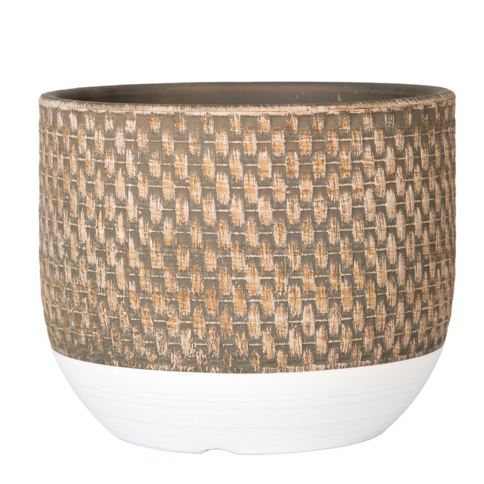 Seramik Saksı, Desenli, Gri-Beyaz - 12x10 cm