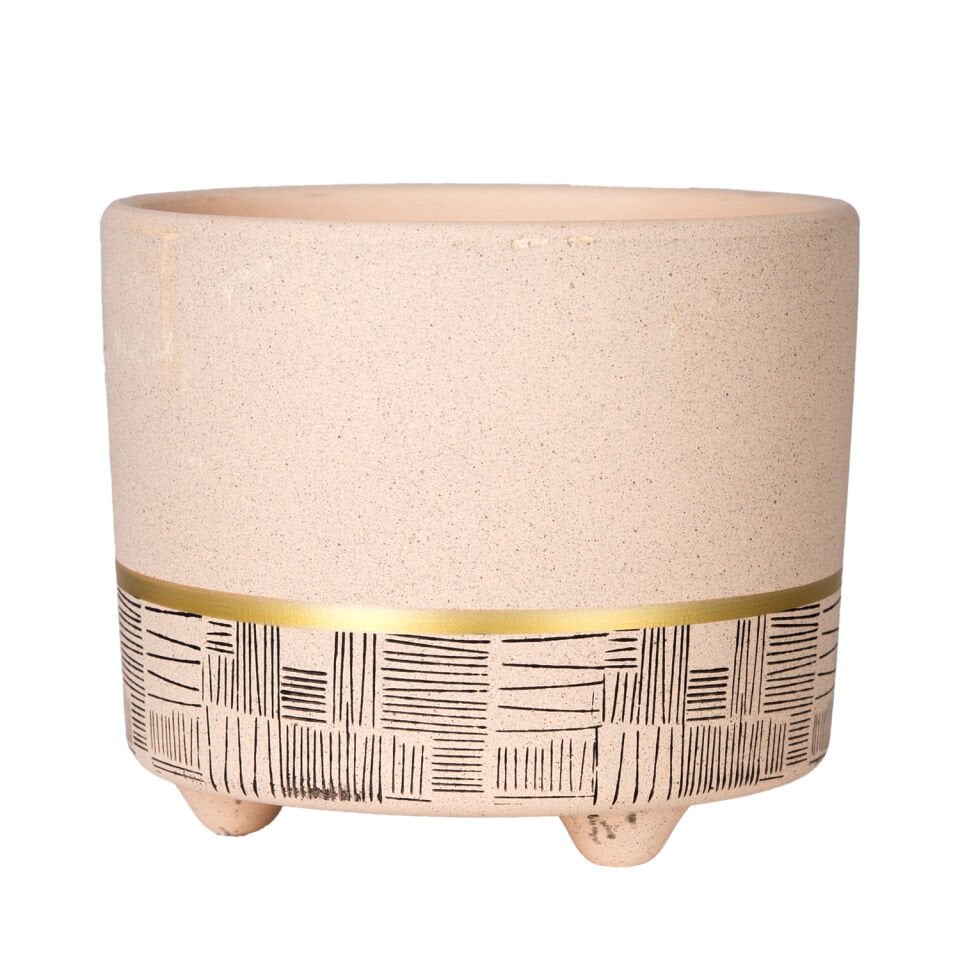 Seramik Saksı, Gold Şeritli, Desenli, Bej - 12x10 cm
