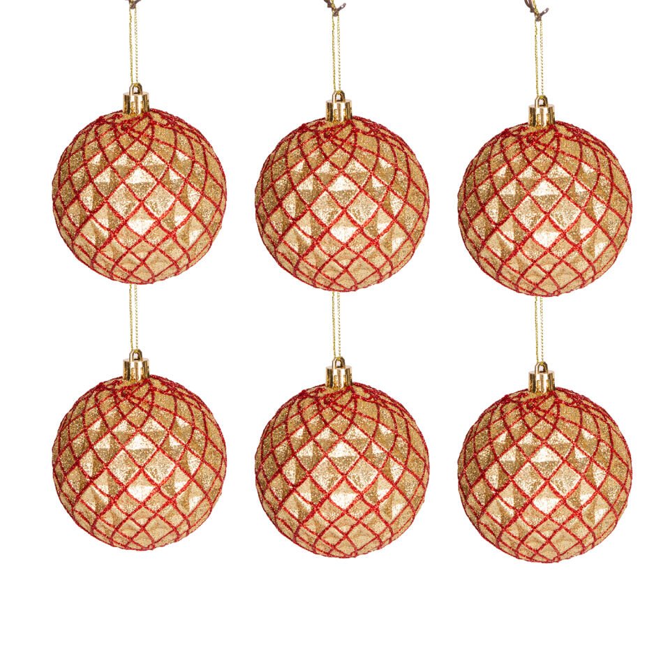 Yılbaşı Süsü, Yılbaşı Topu, Gold-Kırmızı - 6'lı Paket, 8 cm