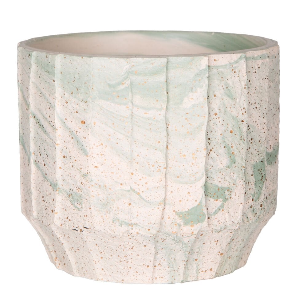 Seramik Saksı, Yeşil Desenli, Bej-Yeşil - 12x10 cm