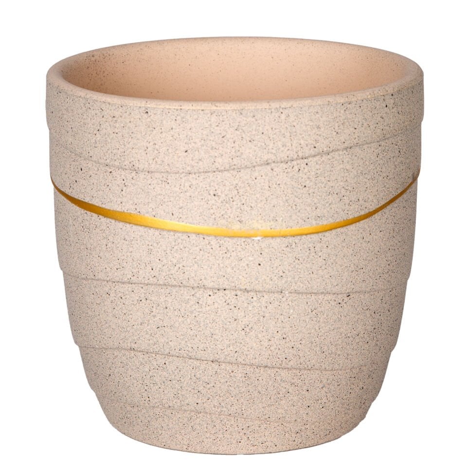 Seramik Saksı, Gold Şeritli, Bej - 12x11,5 cm
