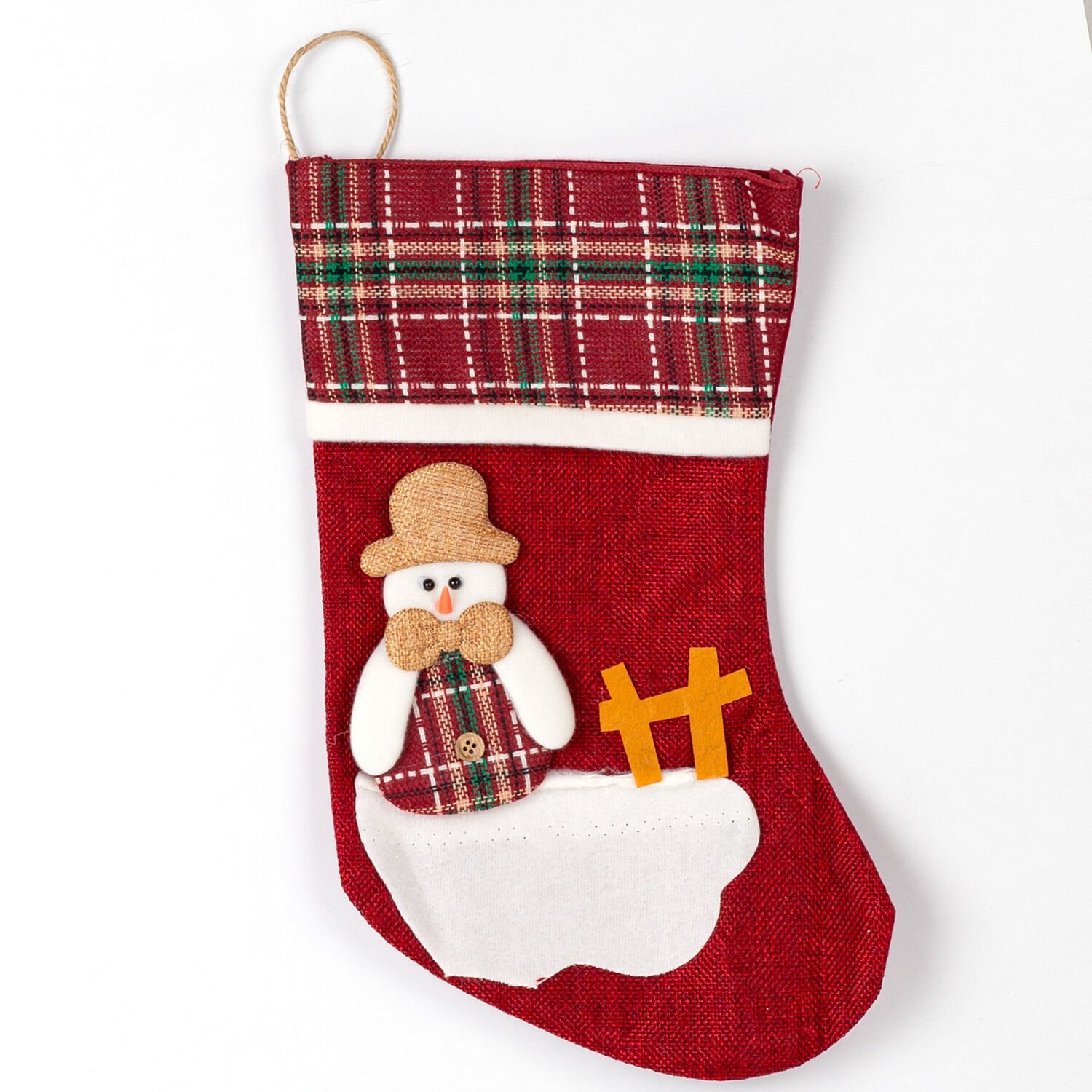 Yılbaşı Süsü, Ekose Desenli Çorap, Kardan Adam Figürlü, Koyu Kırmızı - 21x34 cm