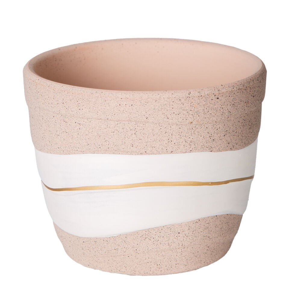 Seramik Saksı, Gold Şeritli, Desenli, Bej-Beyaz - 10x8 cm