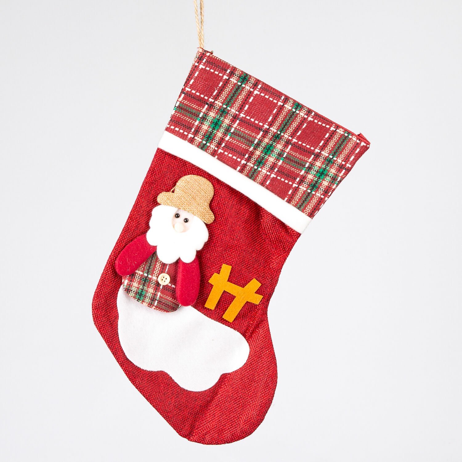 Yılbaşı Süsü, Ekose Desenli Çorap, Noel Baba Figürlü, Koyu Kırmızı - 21x34 cm