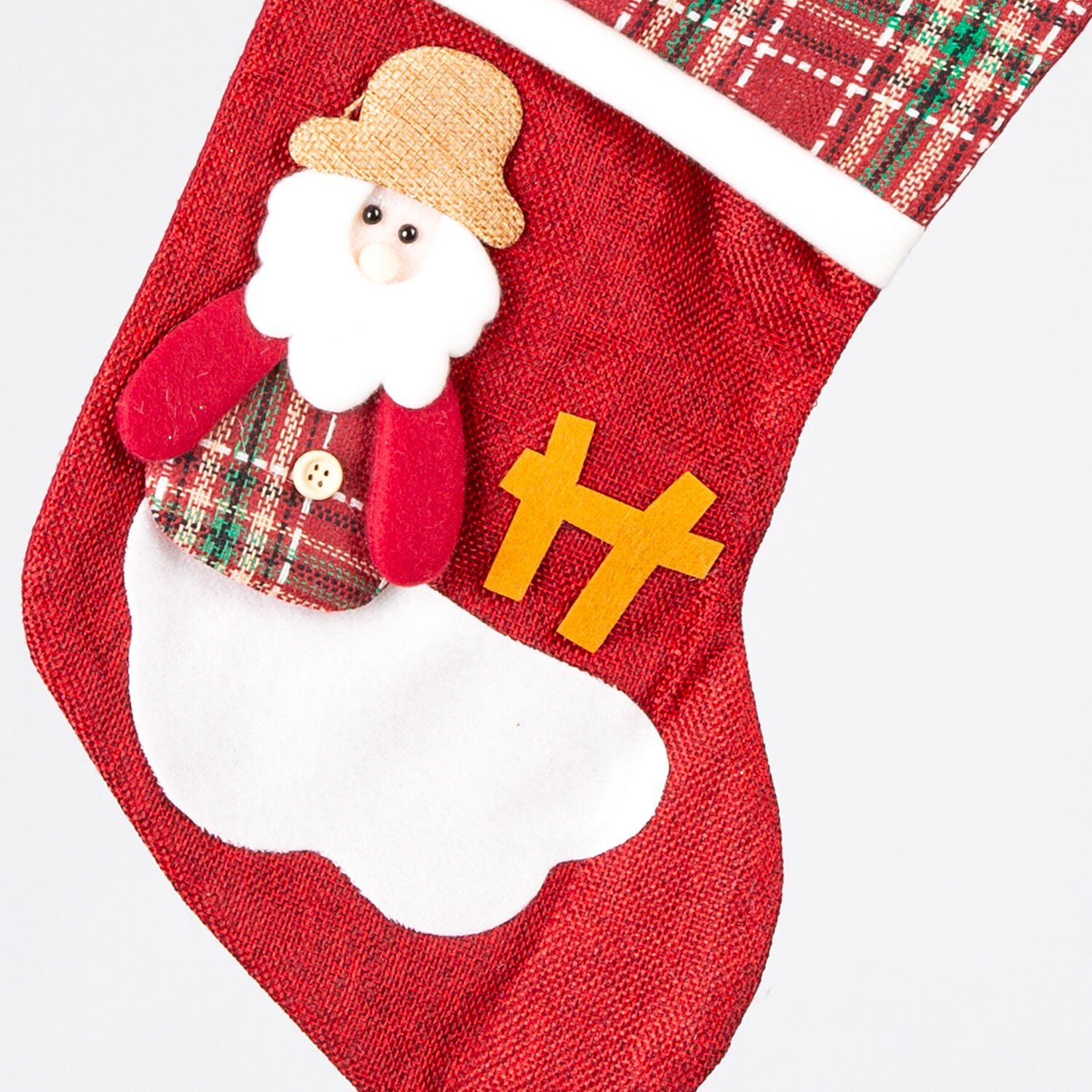 Yılbaşı Süsü, Ekose Desenli Çorap, Noel Baba Figürlü, Koyu Kırmızı - 21x34 cm