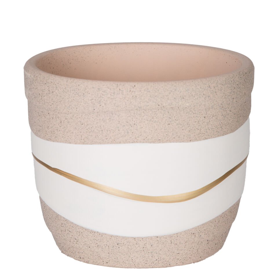 Seramik Saksı, Gold Şeritli, Desenli, Bej-Beyaz - 12x10 cm