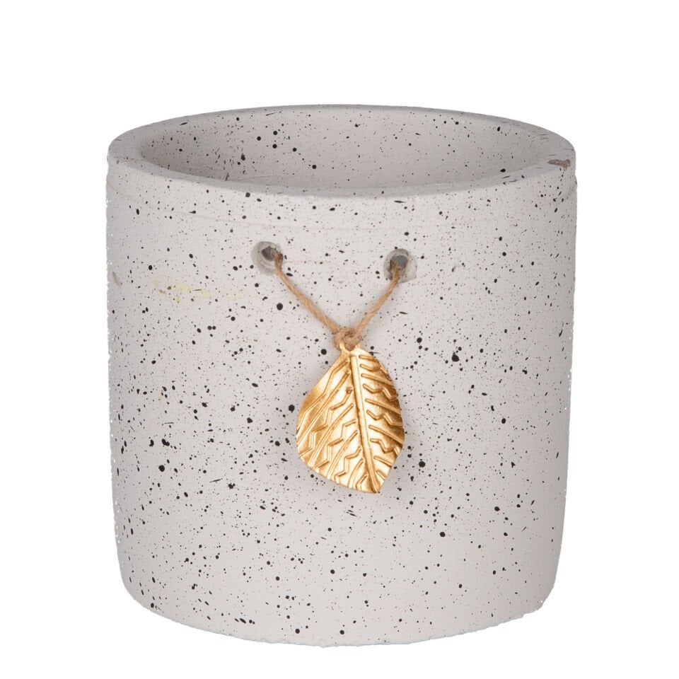 Seramik Saksı, Gold Yaprak Aksesuarlı, Beyaz - 10,5x10,2 cm