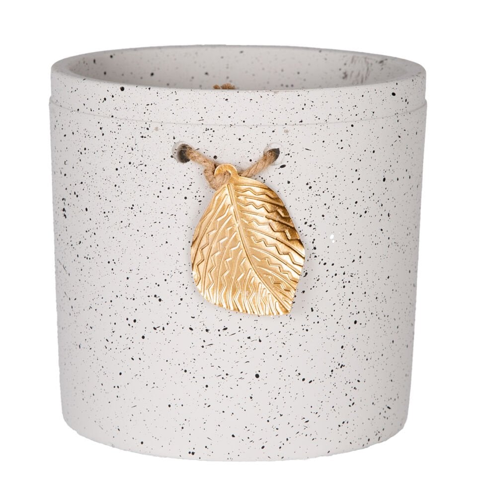 Seramik Saksı, Gold Yaprak Aksesuarlı, Beyaz - 13,5x13 cm