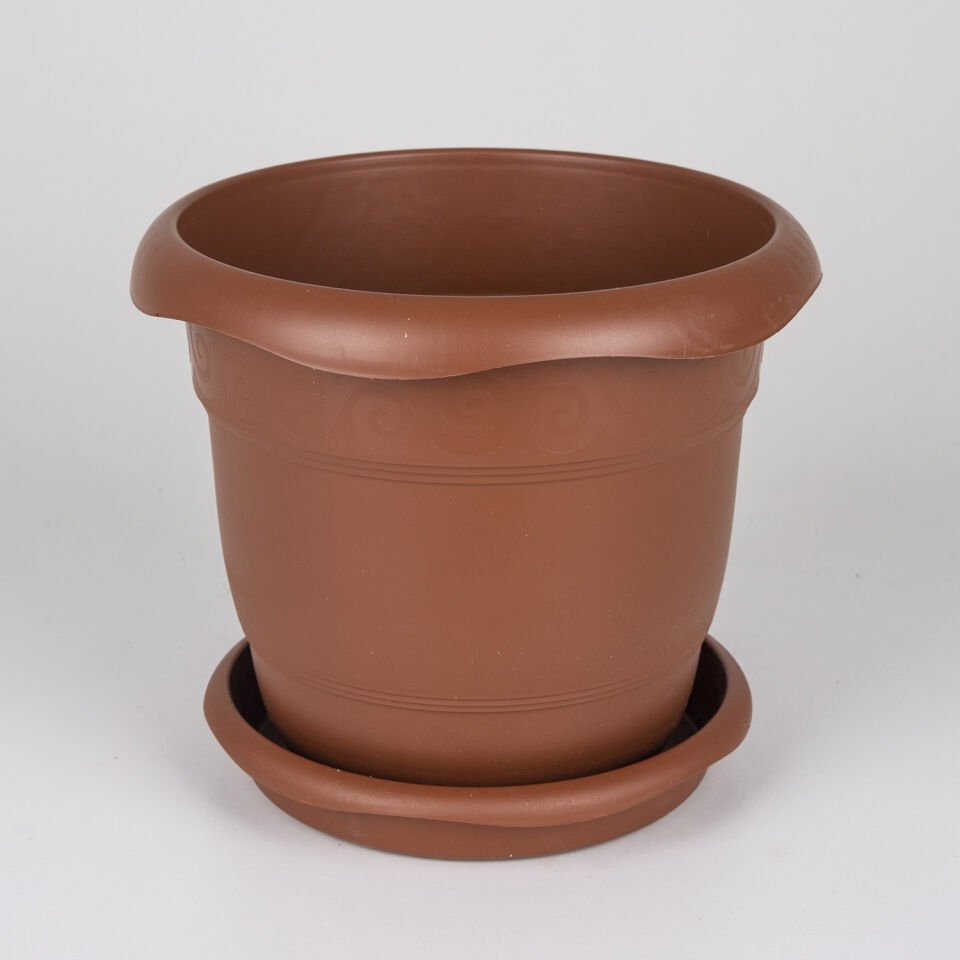 Plastik Saksı, Tabaklı, Kahverengi - No:2, 5 Litre, 24x20,5 cm