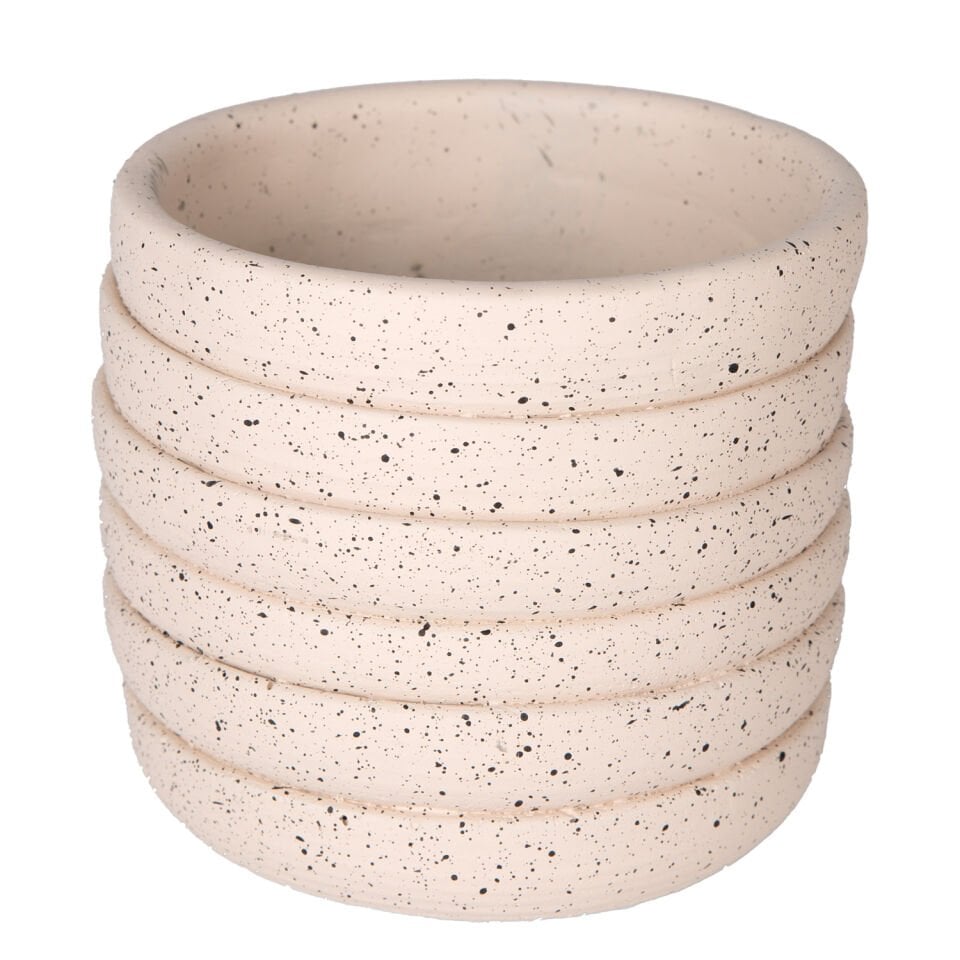 Beton Saksı, Yatay Kabartma Çizgili, Krem - 12x10 cm