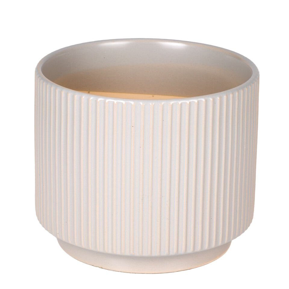 Seramik Saksı, Dikey Kabartma Çizgili, Gri - 23x18,5 cm