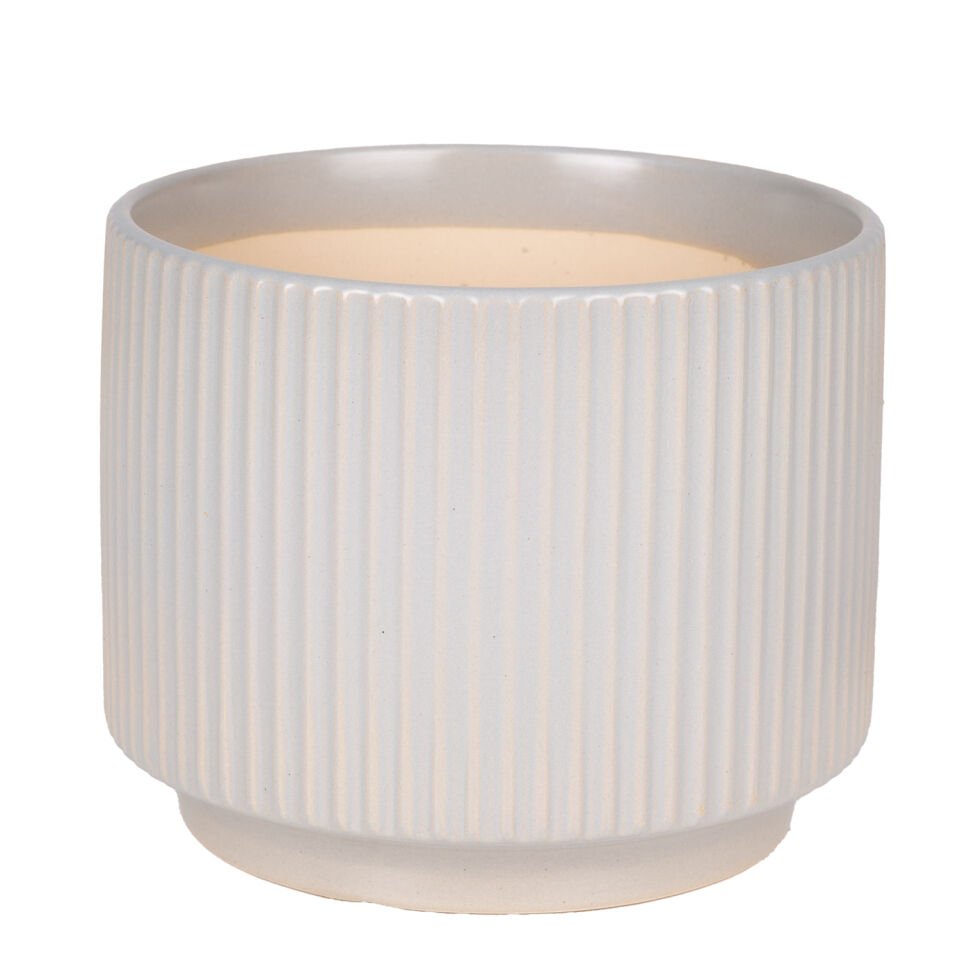 Seramik Saksı, Dikey Kabartma Çizgili, Gri - 19,5x15,5 cm