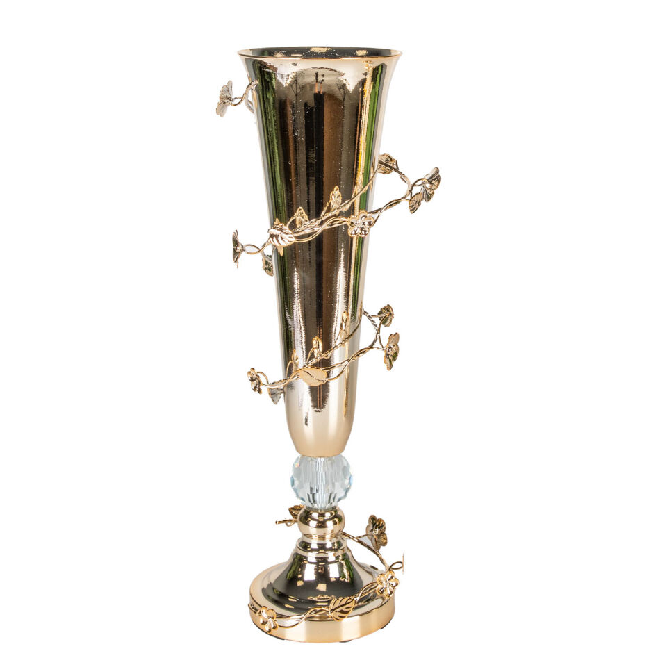 Dekoratif Metal Vazo Kristal Taşlı Gold 18x53 Cm.