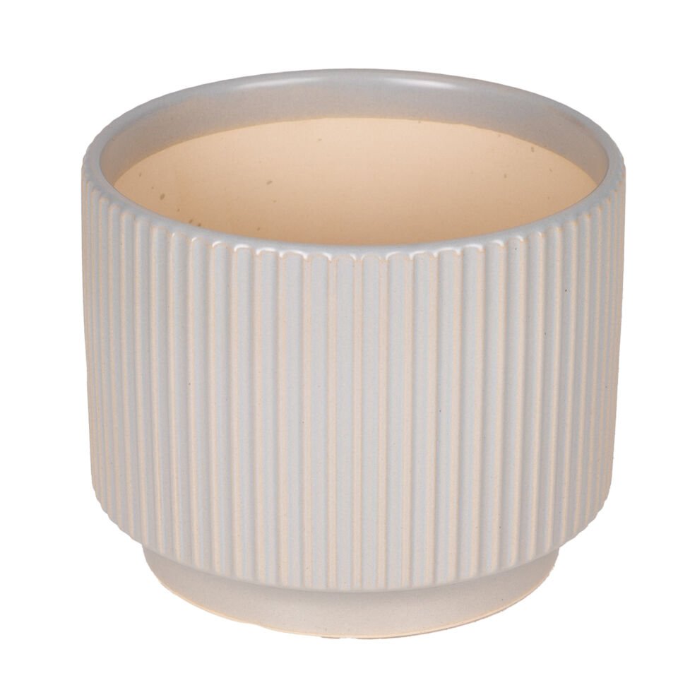 Seramik Saksı, Dikey Kabartma Çizgili, Gri - 16x13 cm