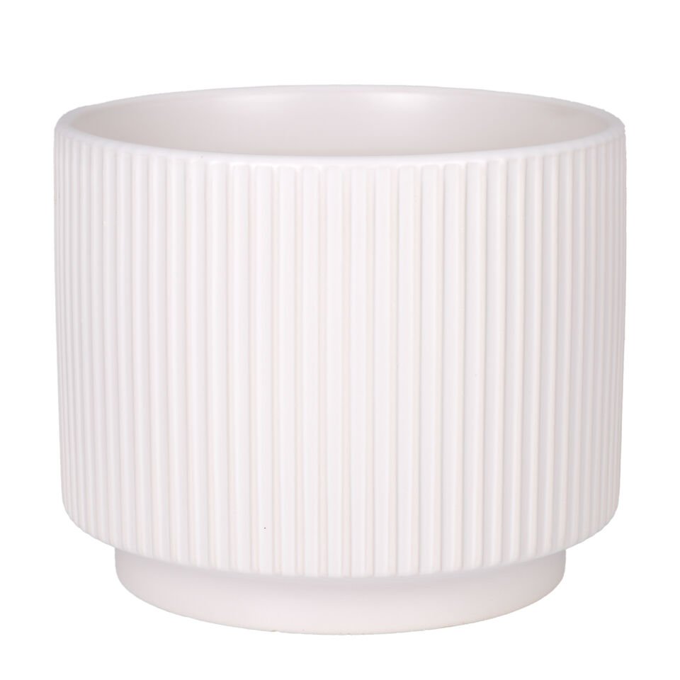 Seramik Saksı, Dikey Kabartma Çizgili, Beyaz - 23x18,5 cm