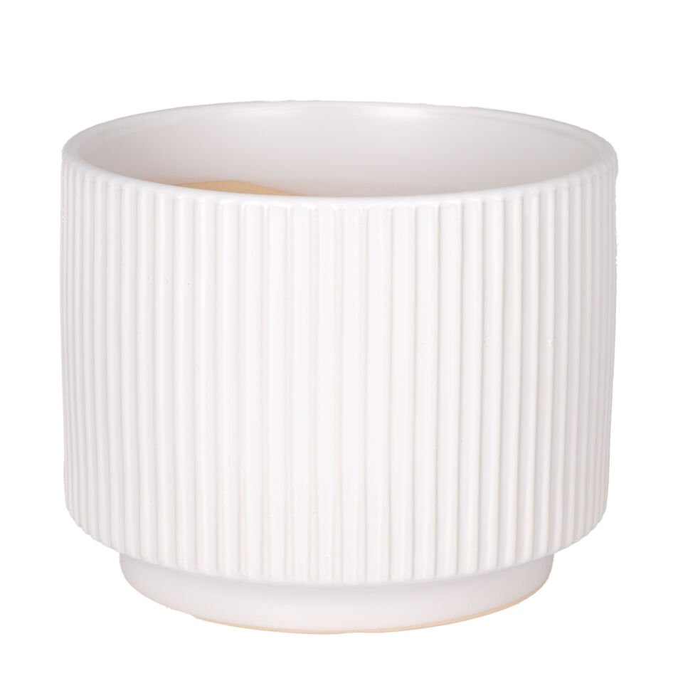 Seramik Saksı, Dikey Kabartma Çizgili, Beyaz - 19,5x15,5 cm