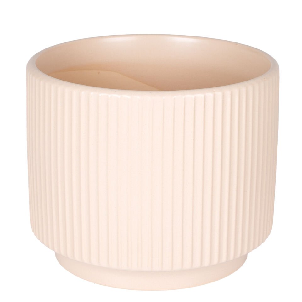 Seramik Saksı, Dikey Kabartma Çizgili, Krem - 23x18,5 cm
