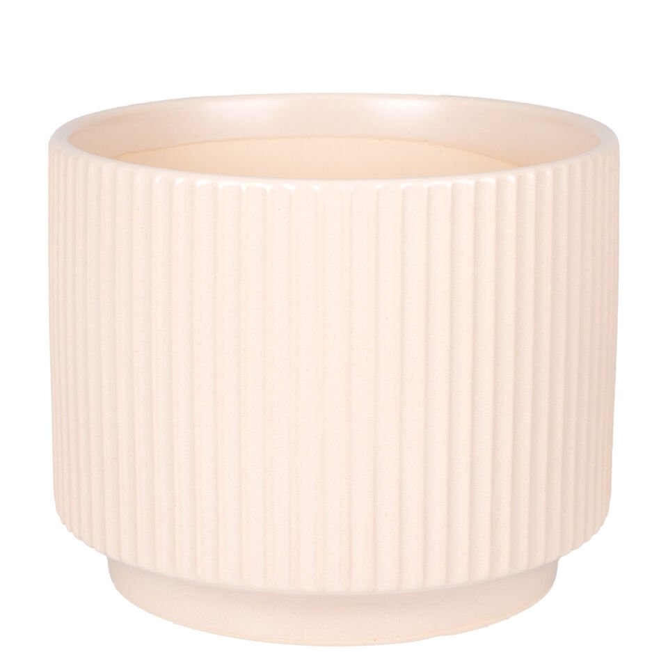 Seramik Saksı, Dikey Kabartma Çizgili, Krem - 19,5x15,5 cm