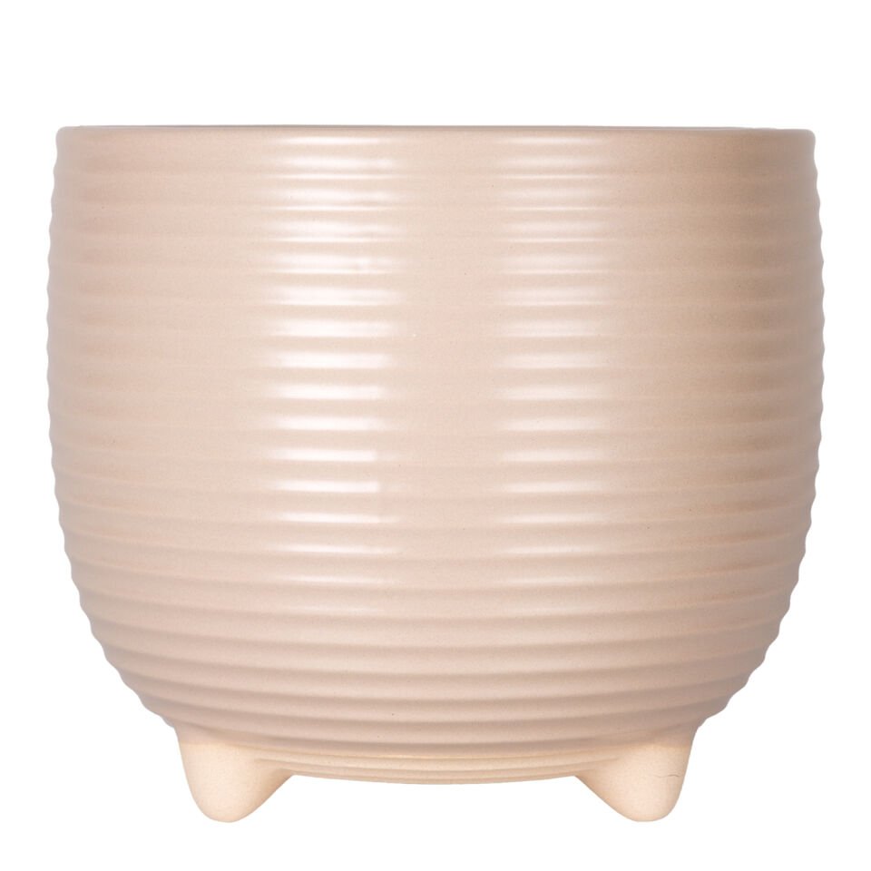 Seramik Saksı, Ayaklı, Yatay Kabartma Çizgili, Krem - 21x18,5 cm