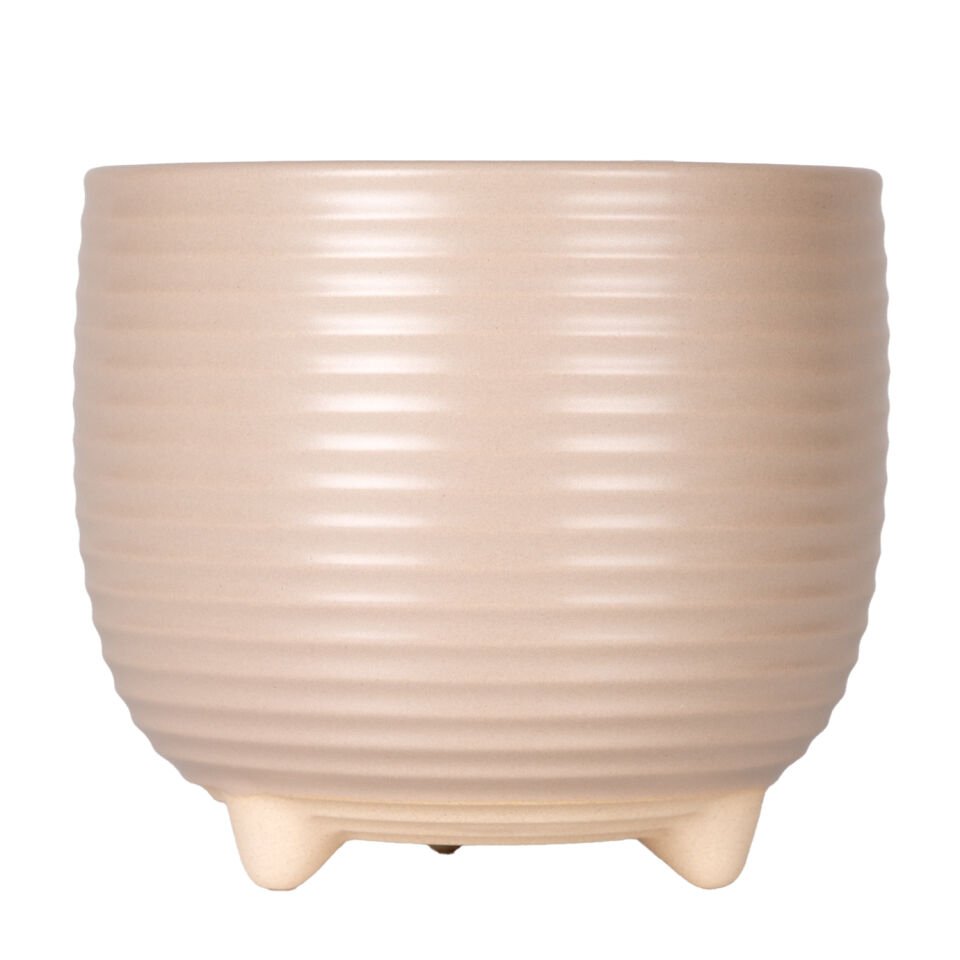 Seramik Saksı, Ayaklı, Yatay Kabartma Çizgili, Krem - 13x11,5 cm