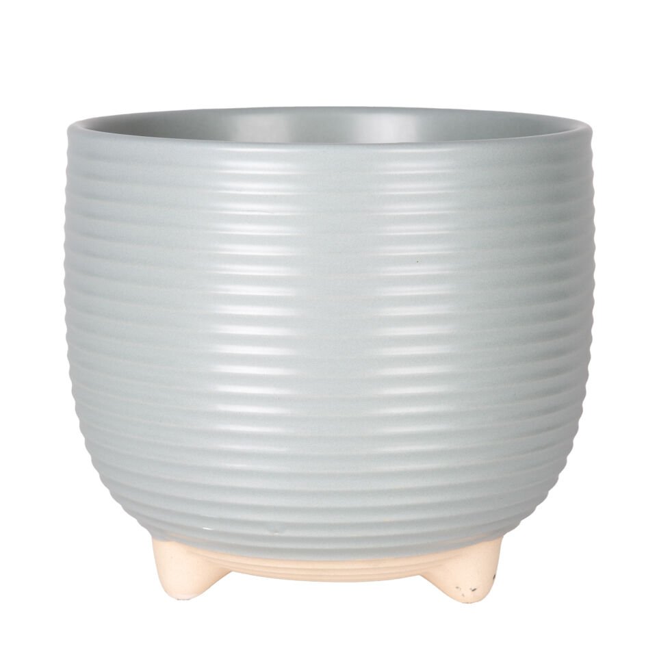 Seramik Saksı, Ayaklı, Yatay Kabartma Çizgili, Pudra Mavi - 21x18,5 cm