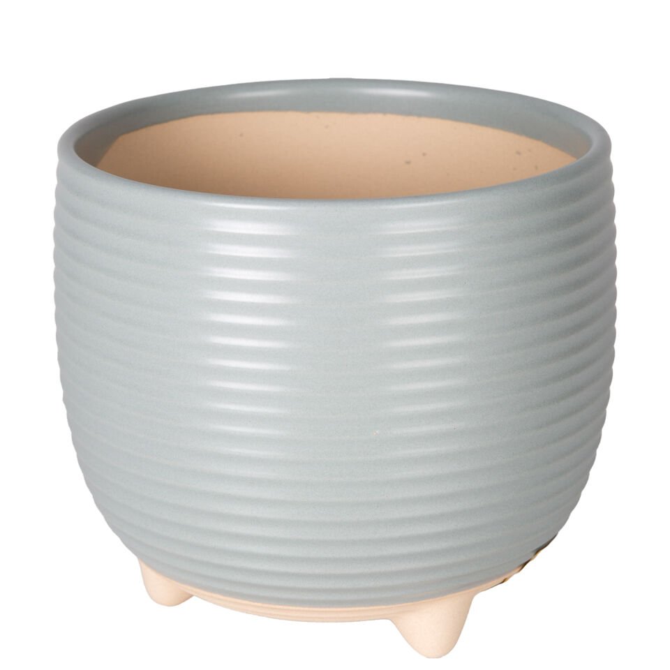 Seramik Saksı, Ayaklı, Yatay Kabartma Çizgili, Pudra Mavi - 17x15 cm
