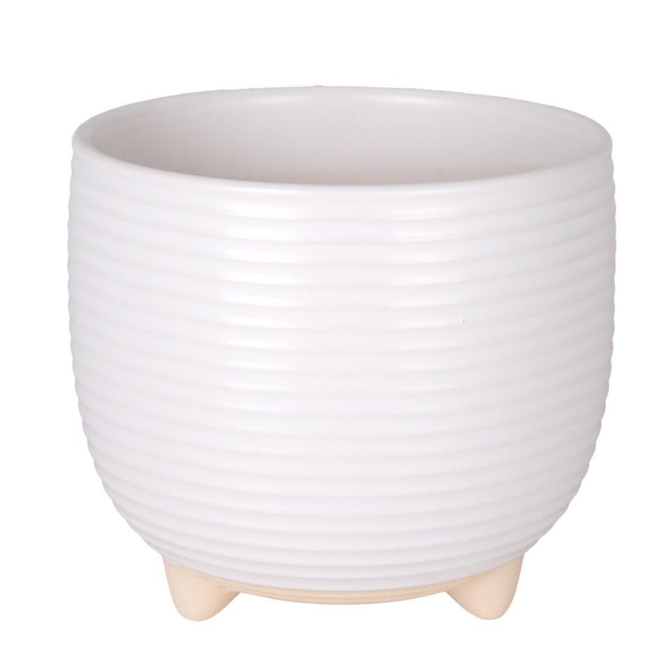Seramik Saksı, Ayaklı, Yatay Kabartma Çizgili, Beyaz - 17x15 cm