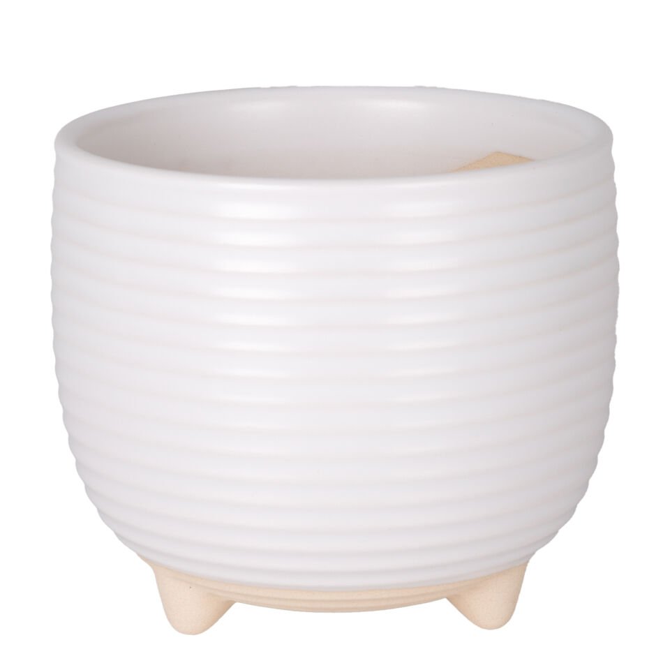 Seramik Saksı, Ayaklı, Yatay Kabartma Çizgili, Beyaz - 13x11,5 cm