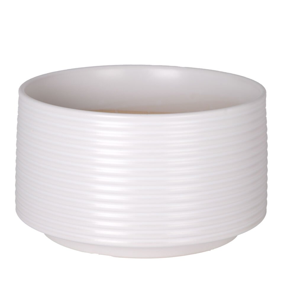 Seramik Saksı, Yatay Kabartma Çizgili, Beyaz - 25x14,5 cm