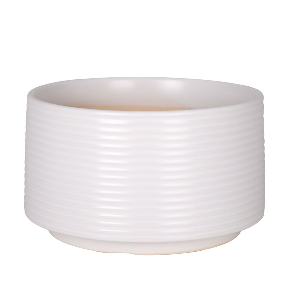Seramik Saksı, Yatay Kabartma Çizgili, Beyaz - 20x11 cm