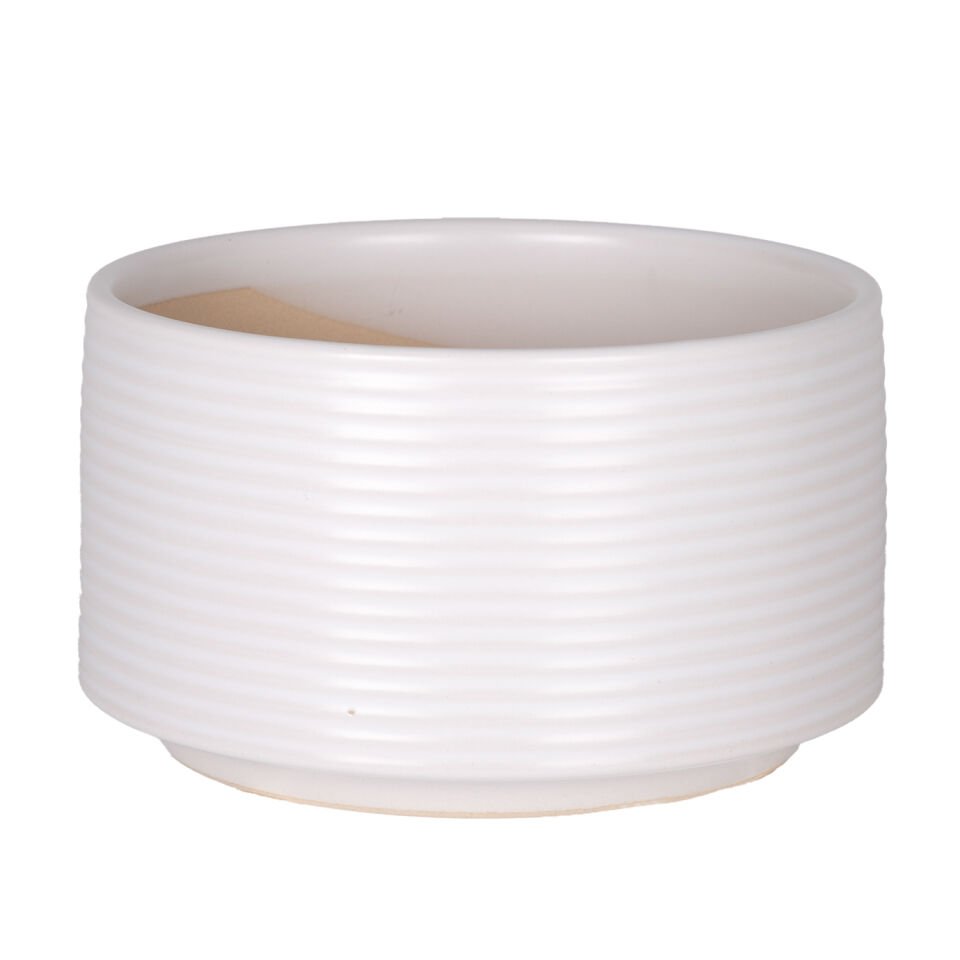 Seramik Saksı, Yatay Kabartma Çizgili, Beyaz - 16x9,5 cm