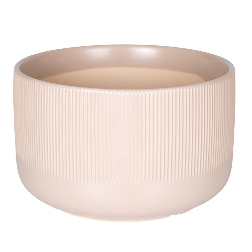 Seramik Saksı, Dikey Kabartma Çizgili, Krem - 25x15,5 cm
