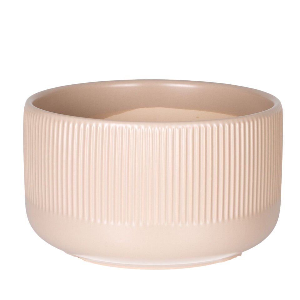Seramik Saksı, Dikey Kabartma Çizgili, Krem - 21x12 cm