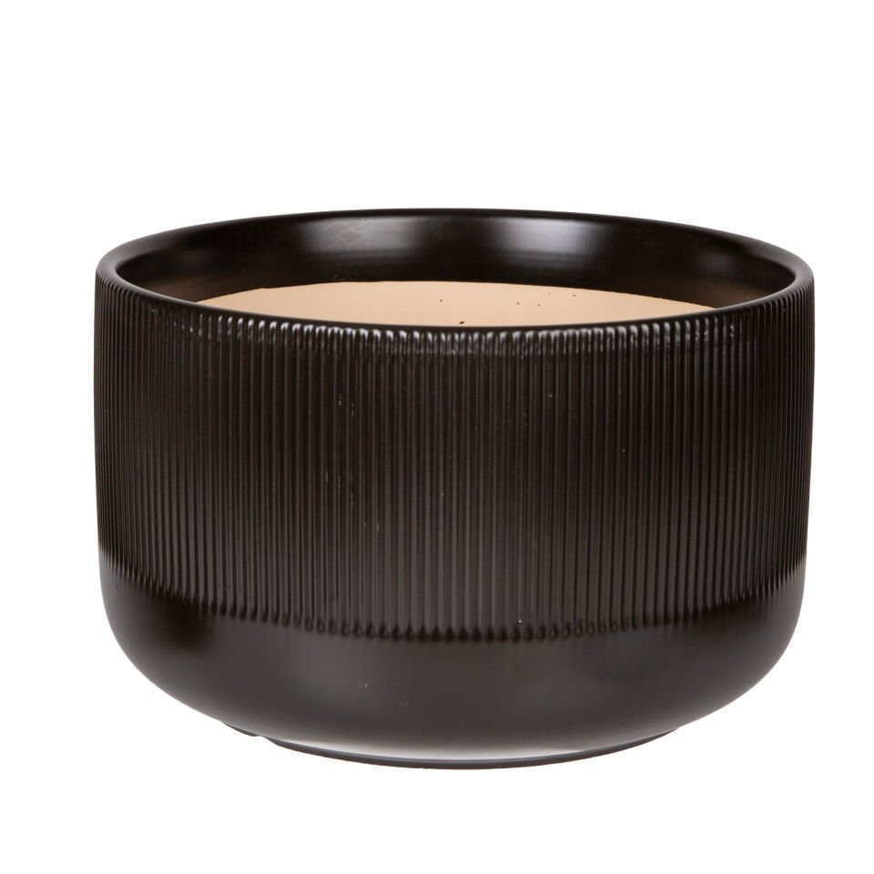 Seramik Saksı, Dikey Kabartma Çizgili, Siyah - 25x15,5 cm