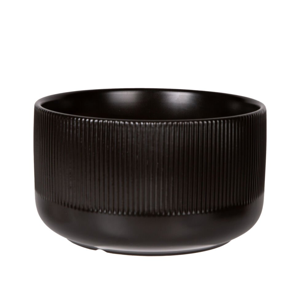 Seramik Saksı, Dikey Kabartma Çizgili, Siyah - 21x12 cm