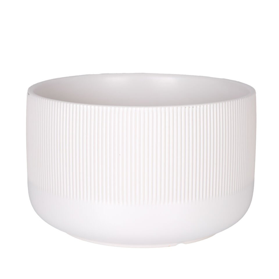 Seramik Saksı, Dikey Kabartma Çizgili, Beyaz - 25x15,5 cm