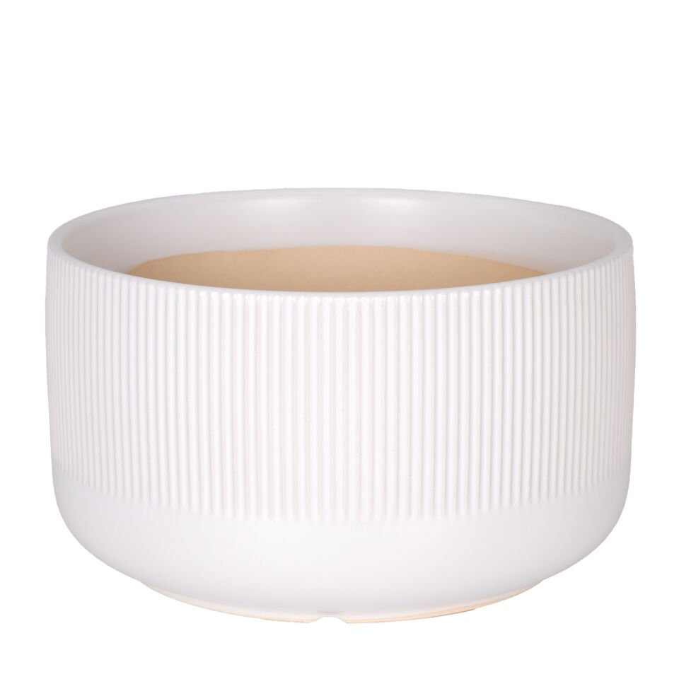 Seramik Saksı, Dikey Kabartma Çizgili, Beyaz - 21x12 cm