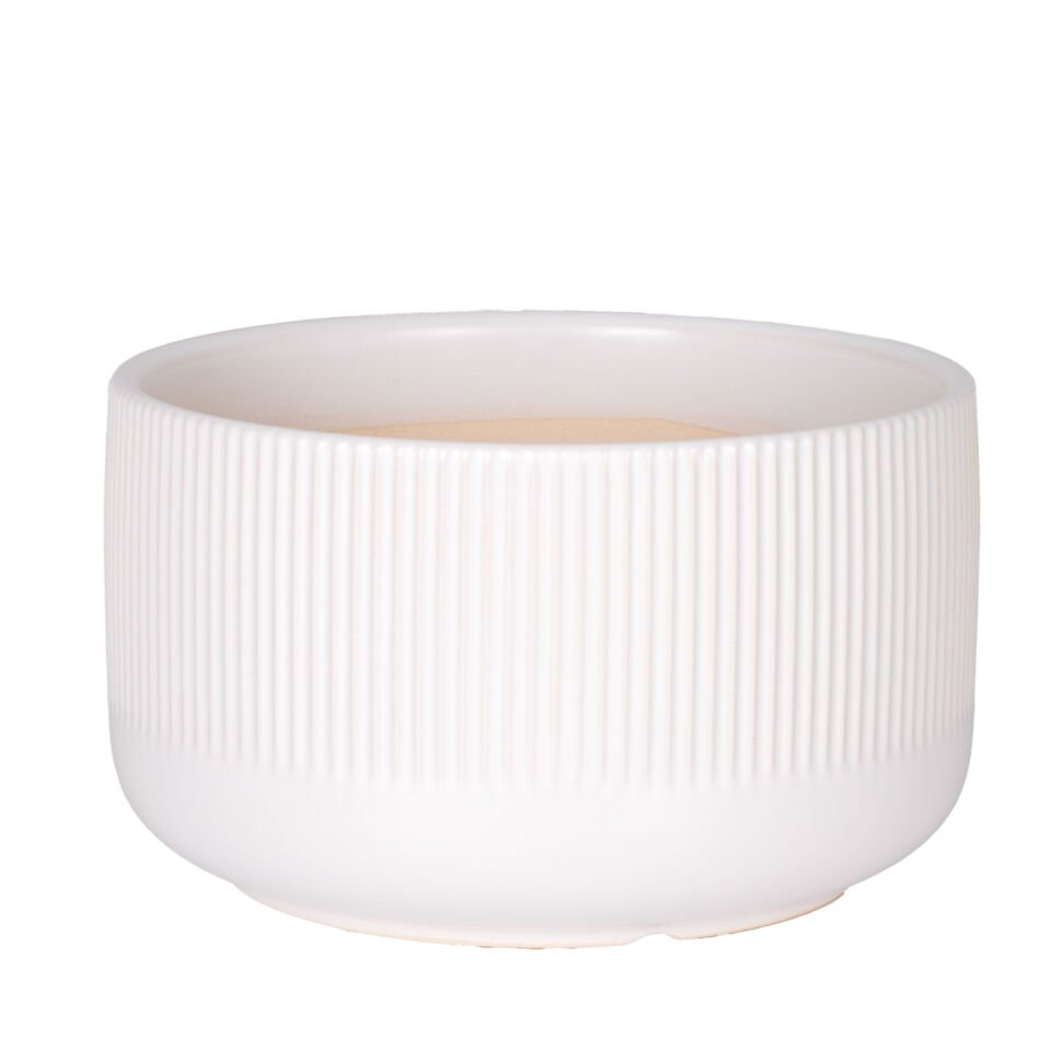 Seramik Saksı, Dikey Kabartma Çizgili, Beyaz - 17x10 cm