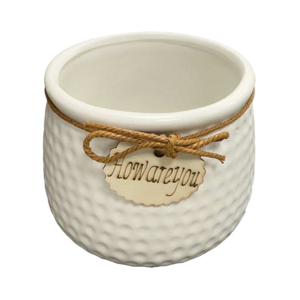 Seramik Saksı, 'How Are You' Yazı Aksesuarlı, Beyaz - 14x10,5 cm