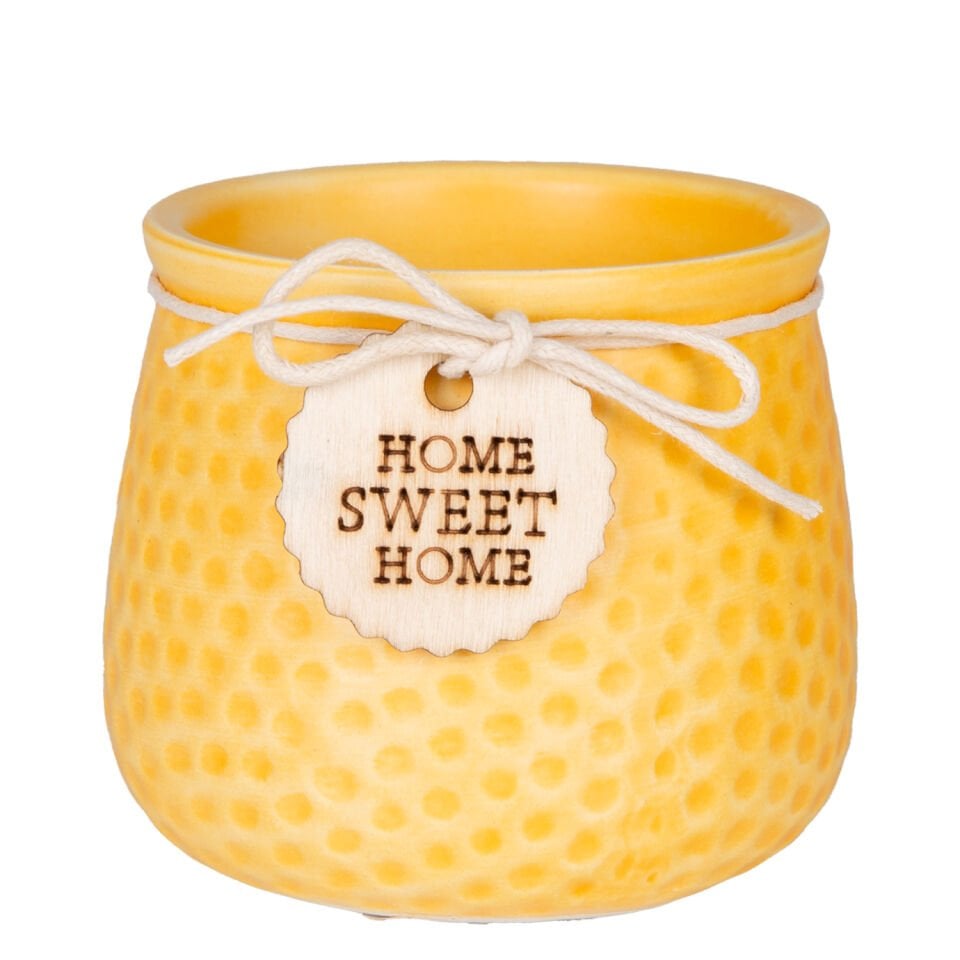 Seramik Saksı, 'Home Sweet Home' Aksesuarlı, Sarı - 8,5x7 cm