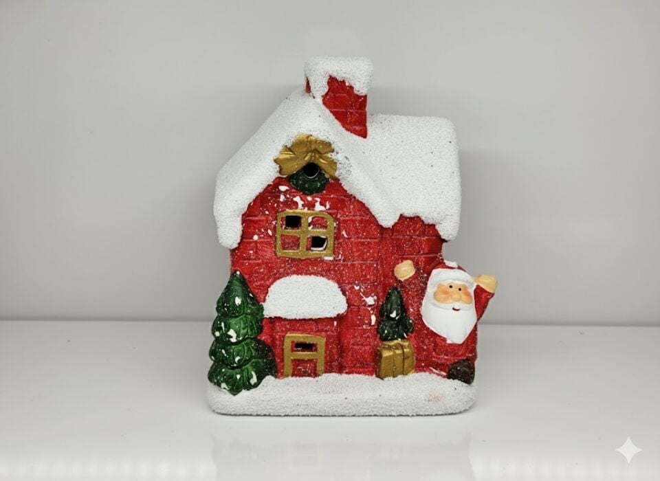 Yılbaşı Evi, Köşeden Bakan Noel Baba Figürlü, Kırmızı - Işıklı, Seramik, Karlı