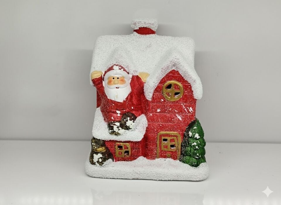 Yılbaşı Evi, Yandan Tırmanan Noel Baba Figürlü, Kırmızı - Işıklı, Seramik, Karlı