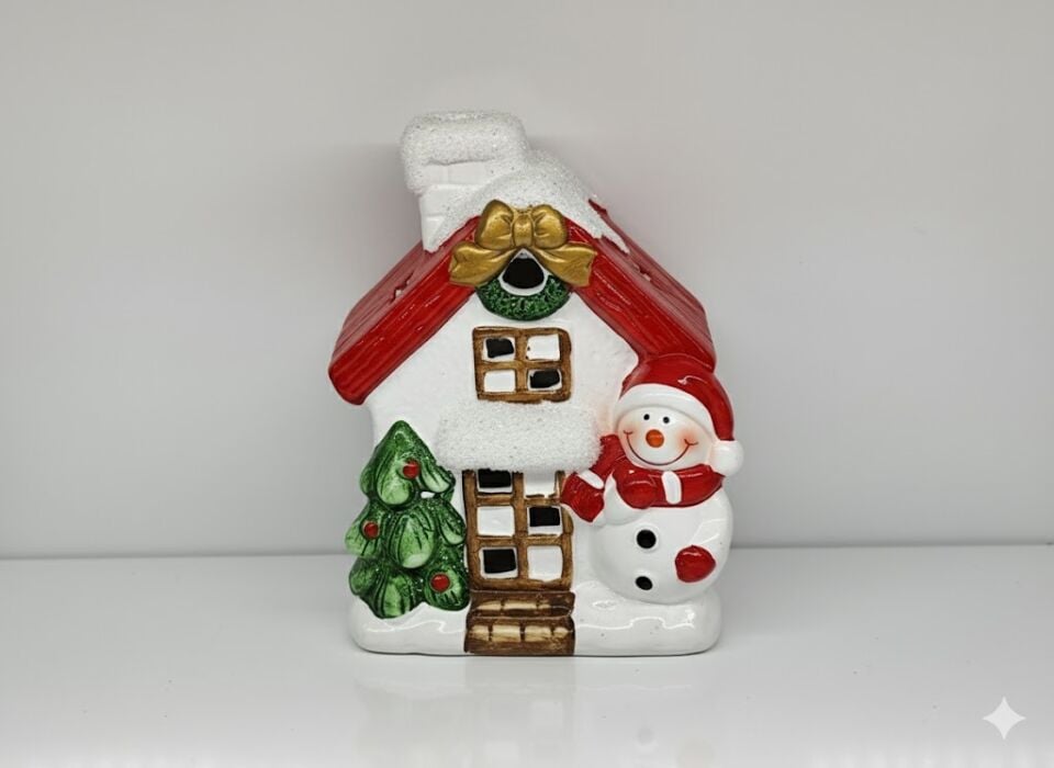 Yılbaşı Evi, Kardan Adam Figürlü, Kırmızı Çatılı - Işıklı, Seramik, Karlı