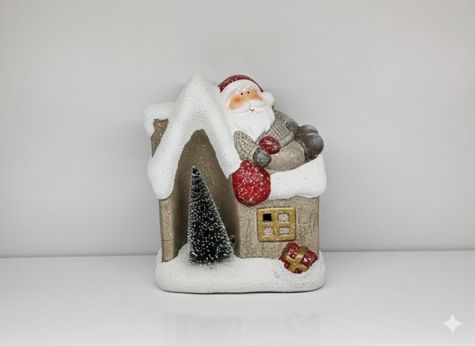 Yılbaşı Evi, Çatıda Noel Baba Figürlü, Eskitme Tasarım - Işıklı, Seramik, Karlı