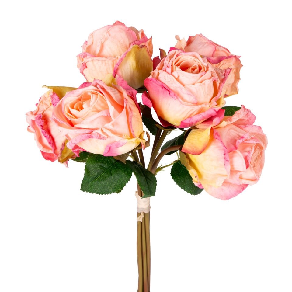 Yapay Çiçek, Gül Demeti, Fuşya-Sarı - 6'lı Demet, 37 cm