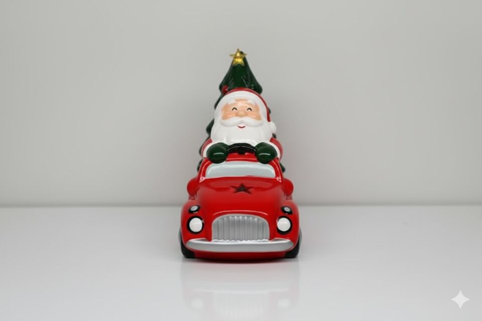Yılbaşı Kamyoneti, Noel Baba Figürlü, Kırmızı - Işıklı, Seramik
